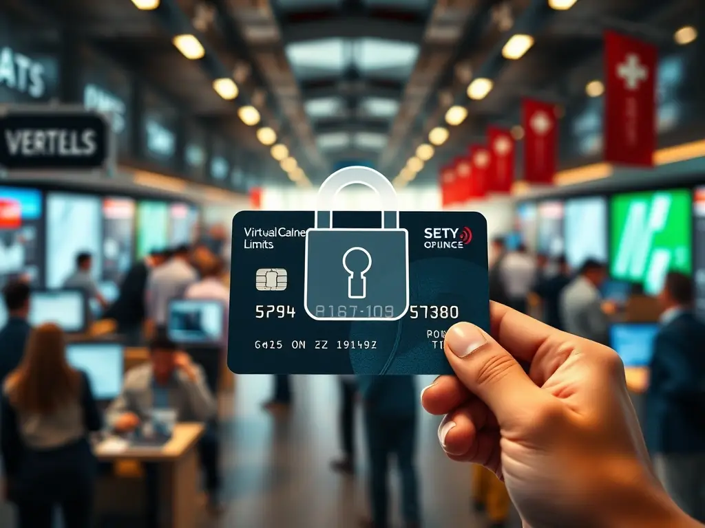 An image depicting a virtual card being used for a large online transaction, with a secure lock icon overlaid to represent enhanced transaction limits. The background shows a busy business environment.