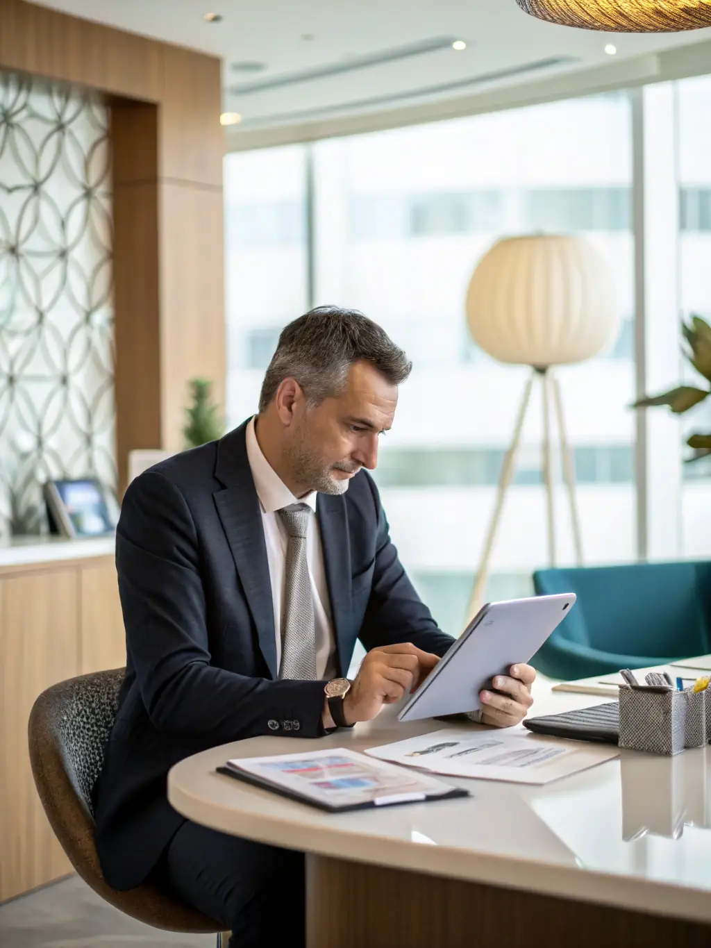 A business owner reviewing detailed transaction reports and analytics on a tablet, showcasing data-driven decision-making and improved financial planning with Jovia Platform's virtual card solutions.