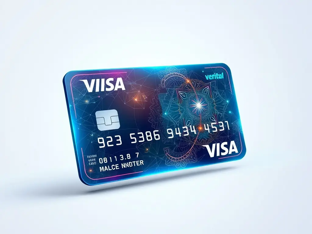 A digital rendering of a premium virtual card with a holographic security feature, displayed against a dark background to emphasize its advanced security capabilities. The card features a sleek design with a chip and contactless payment symbol.