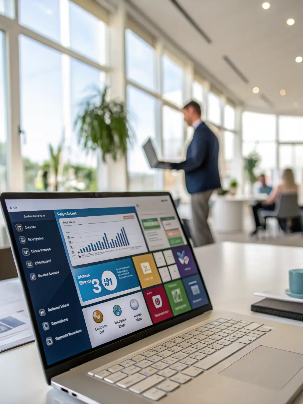 A professional workspace scene with a virtual card interface projected onto a screen, showcasing streamlined financial data and analytics, emphasizing efficiency and control for businesses using Jovia Platform.